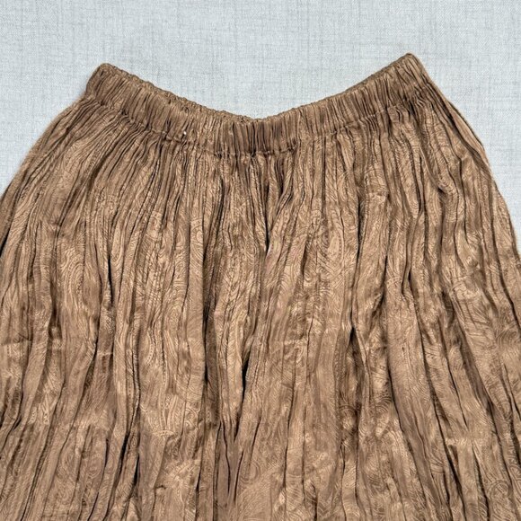 Vintage Seta Brown Pleated Silk Midi Skirt Crinkle Textured Elastic Waist Size M - Picture 3 of 7